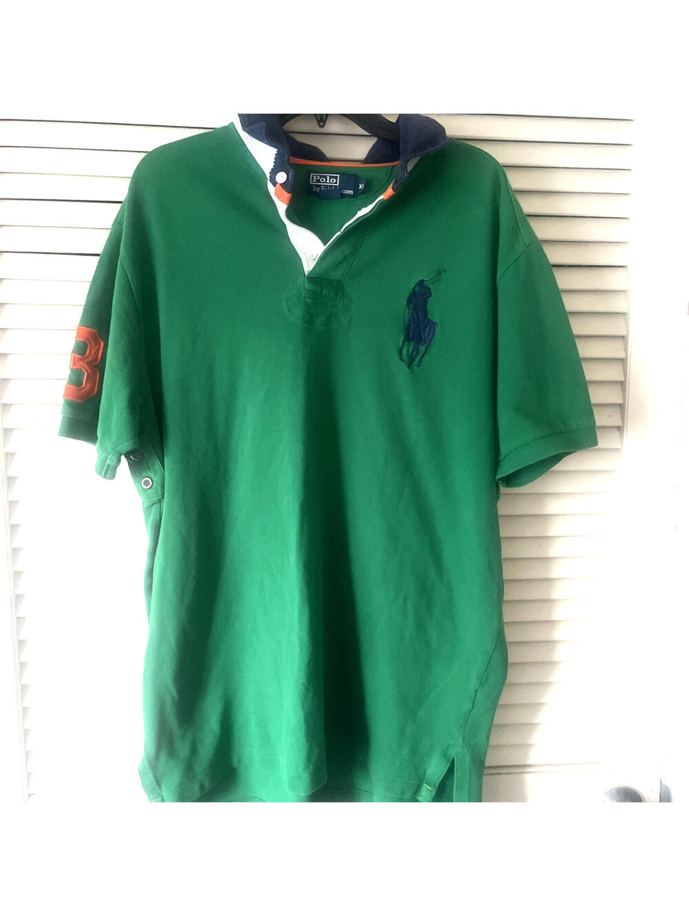 Ralph Lauren Green Polo Shirt with Navy Pony and Orange Sleeve Accent